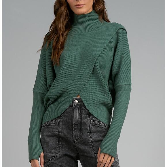 Elan Keegan Green Cable Knit Ribbed Criss-Cross Front High Neck Relaxed Sweater - Picture 1 of 9